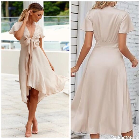 Satin V Neck Ruffle Short Sleeve Tie Front High Waist Midi A-Line Long D… - Picture 1 of 12